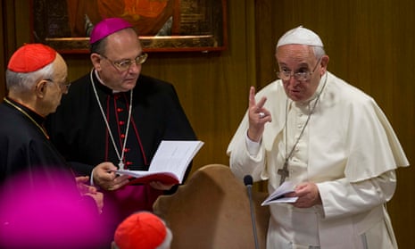 Pope Francis talks to prelates at the Vatican, 10 October 2014. 