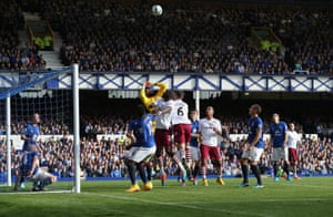 Tim Howard of Everton punches the ball clear during a rare Aston Villa attack during the Toffee's comfortable 3-0 victory.