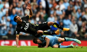 Manchester City's James Milner takes no prisoners as Etienne Capoue of Spurs found out at the Etihad Stadium