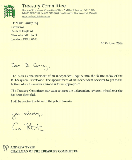 Andrew Tyrie letter to Mark Carney