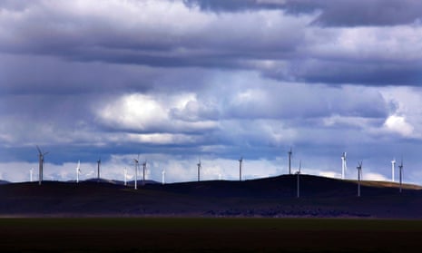 Wind turbines at the Infigen Energy wind farm on the hills surrounding Lake George on October 15.