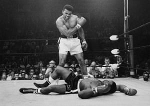 Ali stands over Liston as their 1965 rematch in Lewiston, Maine ends in dramatic fashion. The bout lasted only two minutes and 12 seconds, with Liston having been floored by what was known as the ‘Phantom Punch’. Many observers claimed Liston had taken a dive, a rumour that persists to this day.