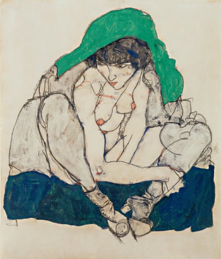Crouching Woman with Green Kerchief, 1914, Egon Schiele