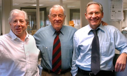 Ben Bradlee, centre, with Watergate reporters Carl Bernstein, left, and Bob Woodward in 2005.