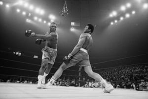 Ali steps away from a punch during the fight. Frazier became the undisputed heavyweight champion of the world by winning a unanimous 15-round decision in what was known as The Fight of the Century. It was Ali’s first ever professional defeat.