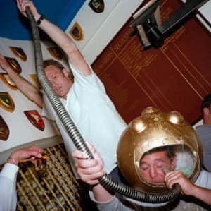 Deep-sea diver themed beer bong at a wedding reception in a St Ives rugby club. May, 2001.