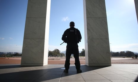 AFP officer on watch out the front of Parliament House in Canberra this morning, Thursday 23rd October 2014