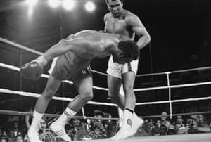In dumping George Foreman to the canvas in ‘The Rumble in the Jungle’, Ali reclaimed the heavyweight title after his long suspension for refusing to be drafted into the US Army. Admittedly boxers never look pretty when they’re going down, but Foreman looks like a giant tree that’s been felled.