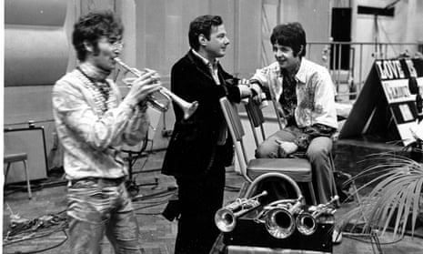 John Lennon, Brian Epstein and Paul McCartney at Abbey Road Studios for the Our World live television broadcast in 1967.