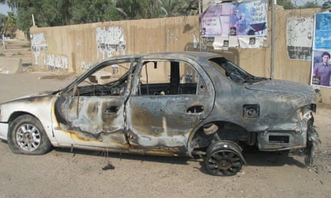 A car in Baghdad after the incident in which Blackwater guards opened fire and nine Iraqis were left dead. nissour square