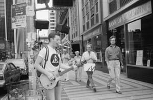 English singer-songwriter Billy Bragg performing in the street, USA, August 1984.