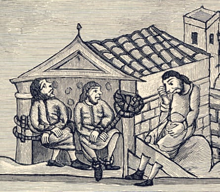 A 12th-century illustration of men in the stocks