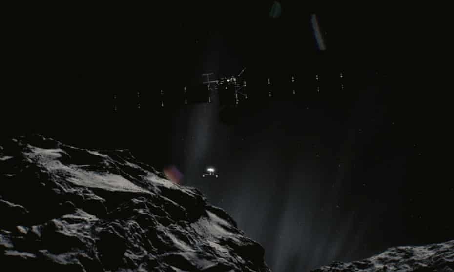 A computer generated image of the Rosetta spacecraft circling a comet.