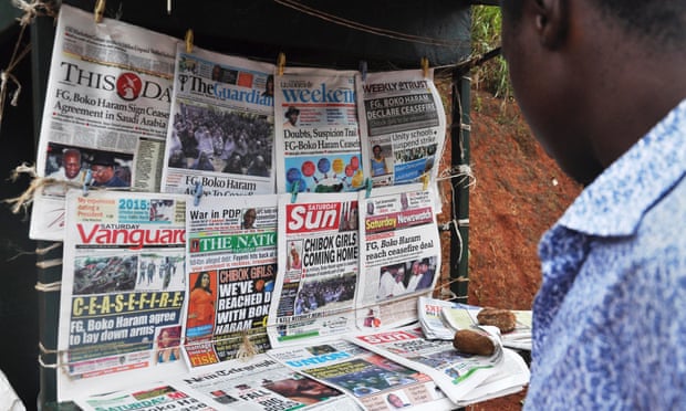 Newspapers with various front page headlines on the Chibok girls and their possible release after news of a ceasefire with Boko Haram.