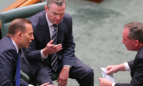 Tony Abbott, Christopher Pyne and Barnaby Joyce at question time on Monday