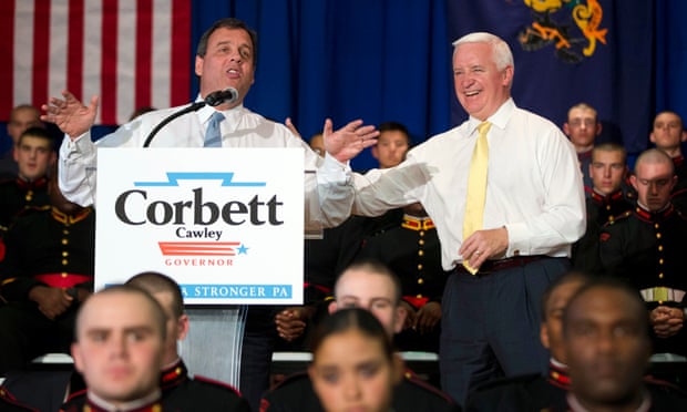 New Jersey Governor Chris Christie, left, speaks during a rally for Pennsylvania Governor Tom Corbett.