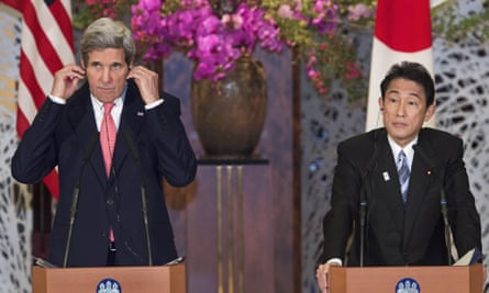 US secretary of state John Kerry, left, and Japanese foreign minister Fumio Kishida lsaid their countries are committed to new talks with North Korea if the reclusive communist government begins abiding by previous agreements on its nuclear programme.