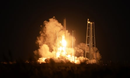 An unmanned Orbital Sciences Corp.'s Antares rocket headed for the International Space Station lifts off from the Wallops flight facility shortly before exploding.