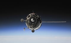 The Soyuz TMA-14M spacecraft approaches the International Space Station, carrying Expedition 41 Soyuz Commander Alexander Samokutyaev, NASA Flight Engineer Barry Wilmore and Russian Flight Engineer Elena Serova, 25 September 2014.