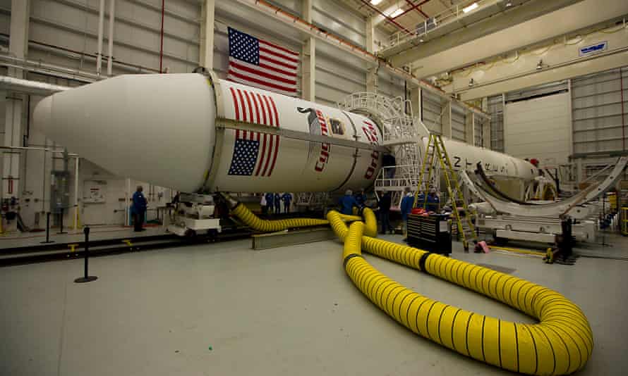 The Orb-3 mission's payload fairing (the casing around the spacecraft) on Orbital Sciences Corp's Antares rocket.