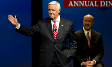 Republican Governor Tom Corbett speaks during a gubernatorial debate with Democrat Tom Wolf. pennsylvania governor