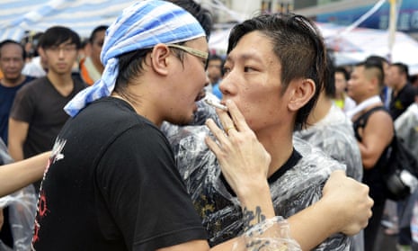 A face-off between pro-democracy protestors and a vocal mob of local residents Occupy Central movement protest, Hong Kong, China.