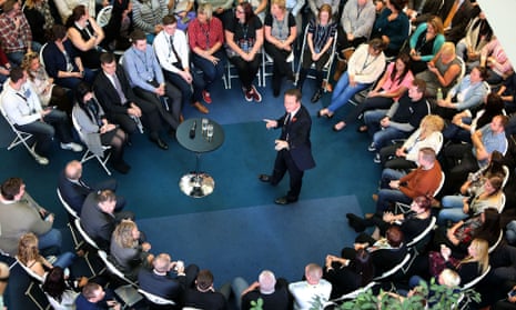 David Cameron holds a PM Direct event with staff at the O2 call centre in Preston Brook, Cheshire.