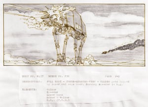 Stpryboard from Star Wars Episode 5: The Empire Strikes Back showing the opening Hoth Battle sequence entitled: A Walker gets shot by a lazer and zaps back. Smoking speeder in the background