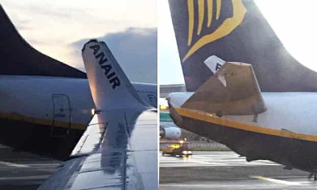 Damage to two Ryanair planes that clipped each other at Dublin airport