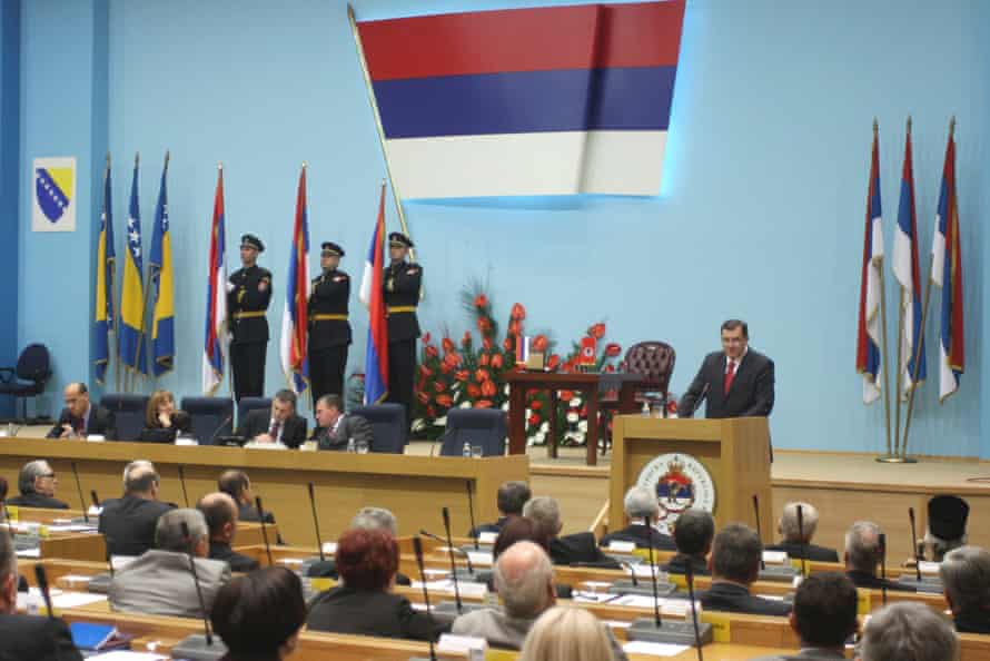 Milorad Dodik, newly elected President of the Republic of Srpska(R) speaks after an official inauguration ceremony at the National Assembly in Banja Luka, Bosnia.