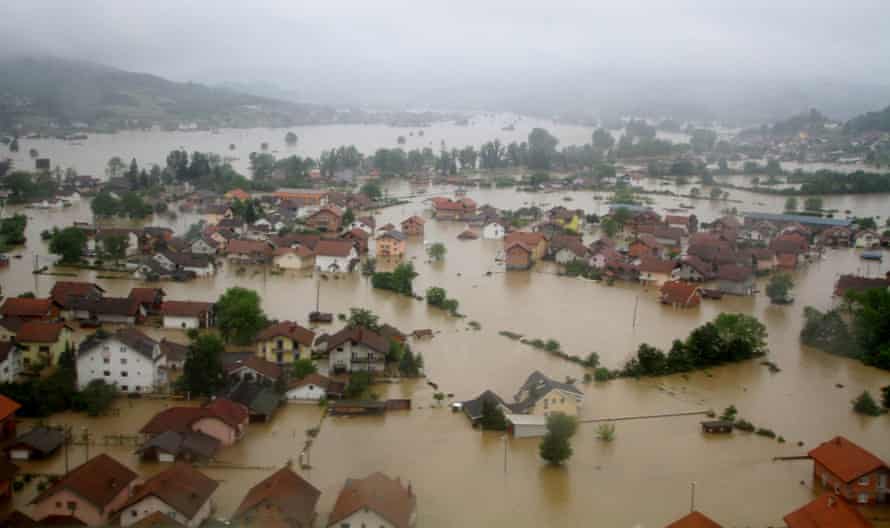 The aerial view of homes and land submerged due to heavy rain fall in 24 hours in Doboj, central Bosnia.