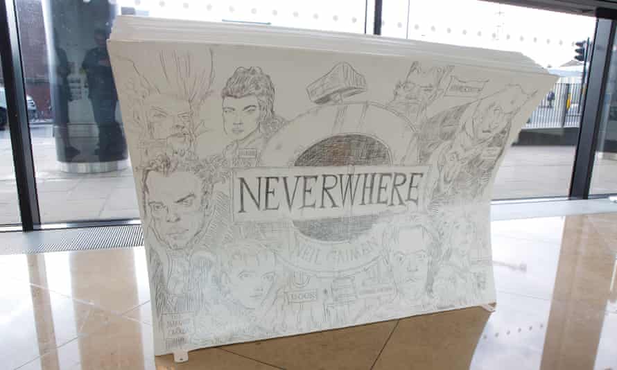 The book-shaped bench inspired by Neil Gaiman's Neverwhere, illustrated by Chris Riddell.