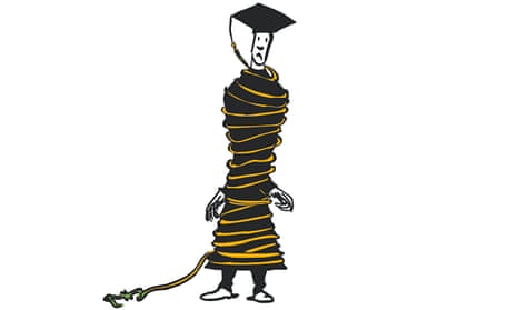 illustration of student bound round with ropes