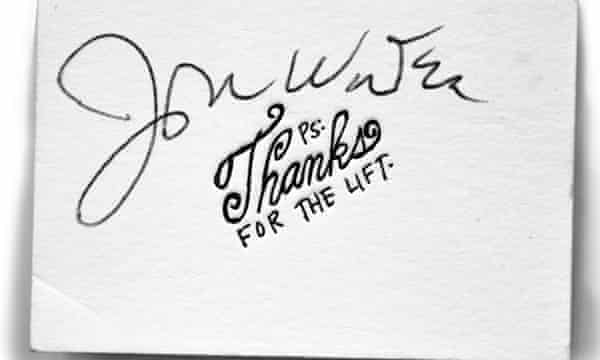 With thanks: the pre-autographed card John Waters hands to people who give him lifts