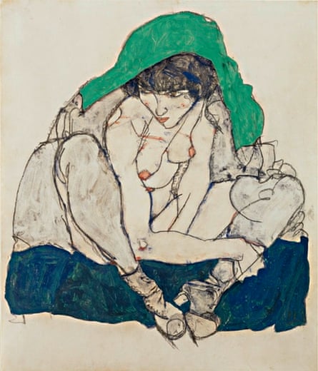 Egon Schiele Crouching Woman with Green Kerchief, 1914