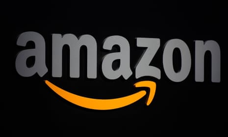 The Amazon logo seen on a podium during a press conference in New York.