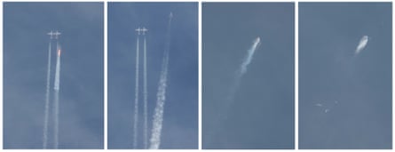 A combination of photographs shows Virgin Galactic's SpaceShipTwo detaching from the plane that carried it aloft, firing its engine and then blowing apart in the skies over the Mojave Desert in California.