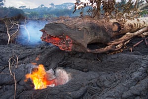 A hole is exposed after a large tree was surrounded by lava and burned through at its base, collapsing on to the solidified flow surface. Trees surrounded by lava can fall long after the leading edge has passed by