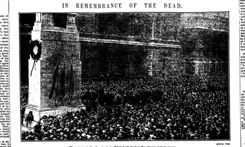 Guardian, 12 November 1919: Two-minute silence at the Cenotaph on Armistice Day, 11 November.
