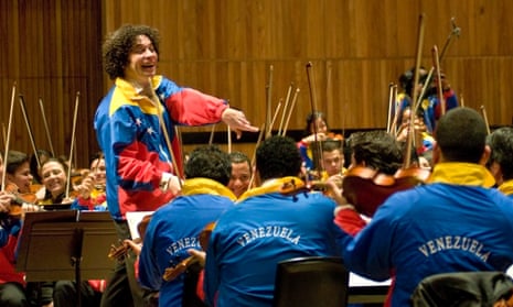 Gustavo Dudamel conducting Simon Bolivar Youth Orchestra of Venezuela at the Royal Festival Hall, London.