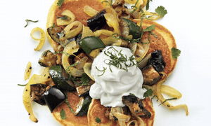 Yotam Ottolenghi's chickpea pancakes with spiced aubergine and courgette