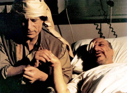 Colonel Gaddafi visiting Yasser Arafat in hospital after his air crash in Libya in 1992.