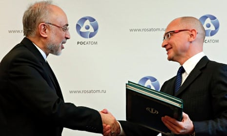 Ali Akbar Salehi, of Iran's Atomic Energy Organisation, and Sergey Kirienko, of Russia's Rosatom