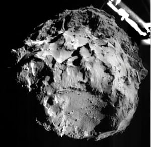 This picture released by the European Space Agency ESA was taken by the ROLIS instrument on Rosetta's Philae lander during its descent from a distance of approximately 3 km from  2.5-mile-wide 67P/Churyumov-Gerasimenko comet.  