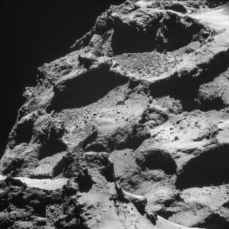 Rosetta mission: rubble-filled depressions appear in sharp relief in this image