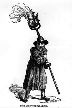 A watchman carrying a cresset, filled with burning oil or pitch, circa 1550.
