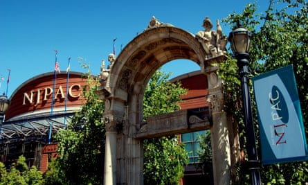 The neo-Romanesque archway entrance to the New Jersey Performing Arts Center