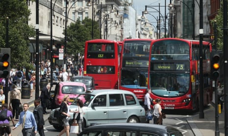 Buses and taxis fill Oxford Street on July 9, 2014 in London, England. Researchers from King's College London have found that concentrations of nitrogen dioxide in Oxford Street are the worst on earth.