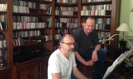 Philippe Sands (right) and Laurent Naouri during rehearsals, Paris, May 2014.