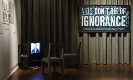 A graphic of the 1987 'Aids - Don't Die of Ignorance' public information leaflet. Also in the photograph is a small installation centred around a 1988 video by Neil Bartlett and Stuart Marshall entitled 'Pedagogue'